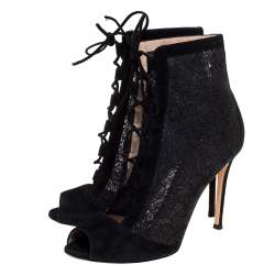 Pre Owned Gianvito Rossi Black Lace and Suede Lace Up Peep Toe Ankle Boots Size Size 37