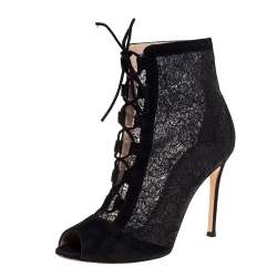 Pre Owned Gianvito Rossi Black Lace and Suede Lace Up Peep Toe Ankle Boots Size Size 37