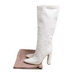 Pre Owned Gianvito Rossi White Leather Knee Block Heels Boots Size 37.5