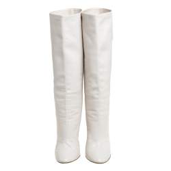 Pre Owned Gianvito Rossi White Leather Knee Block Heels Boots Size 37.5
