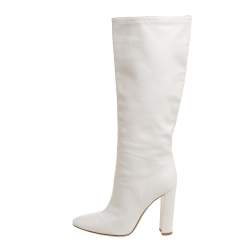 Pre Owned Gianvito Rossi White Leather Knee Block Heels Boots Size 37.5