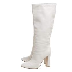 Pre Owned Gianvito Rossi White Leather Knee Block Heels Boots Size 37.5
