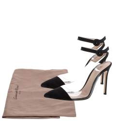 Pre Owned Gianvito Rossi Black Suede And Pvc Anise Pointed Toe Ankle Strap Sandals Size 38