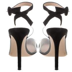 Pre Owned Gianvito Rossi Black Suede And Pvc Anise Pointed Toe Ankle Strap Sandals Size 38