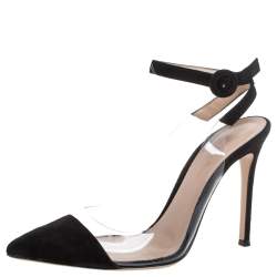 Pre Owned Gianvito Rossi Black Suede And Pvc Anise Pointed Toe Ankle Strap Sandals Size 38