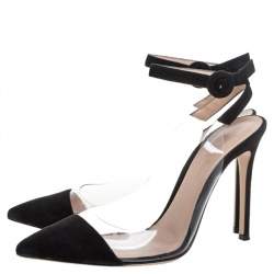 Pre Owned Gianvito Rossi Black Suede And Pvc Anise Pointed Toe Ankle Strap Sandals Size 38