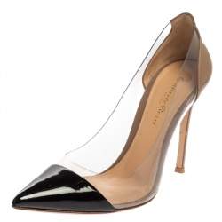 Pre Owned Gianvito Rossi Black Patent Leather And PVC Plexi Pointed Toe Pumps Size 37