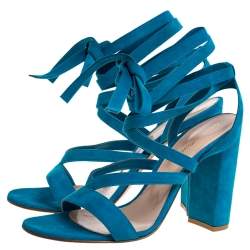 Pre Owned Gianvito Rossi Blue Suede Leather Ankle Wrap Sandals Size 41