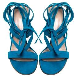 Pre Owned Gianvito Rossi Blue Suede Leather Ankle Wrap Sandals Size 41