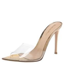Pre Owned Gianvito Rossi Metallic Gold Croc Embossed Leather And PVC Elle Open Toe Sandals Size 39