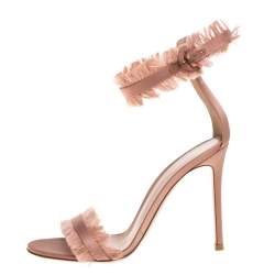 Pre Owned Gianvito Rossi Beige Satin Caribe Fringe Trim Ankle Strap Sandals Size 37