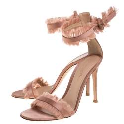 Pre Owned Gianvito Rossi Beige Satin Caribe Fringe Trim Ankle Strap Sandals Size 37