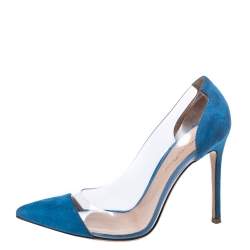 Pre Owned Gianvito Rossi Blue Suede And PVC Plexi Pointed Toe Pumps Size 38