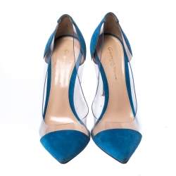 Pre Owned Gianvito Rossi Blue Suede And PVC Plexi Pointed Toe Pumps Size 38