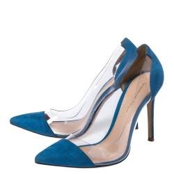 Pre Owned Gianvito Rossi Blue Suede And PVC Plexi Pointed Toe Pumps Size 38