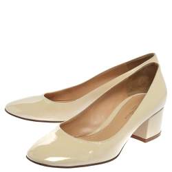 Pre Owned Gianvito Rossi Cream Patent Leather Round Toe Block Heel Pumps Size 37.5