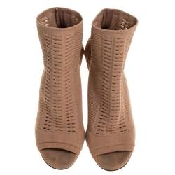 Pre Owned Gianvito Rossi Beige Stretch Knit Fabric Perforated Boots Size 37.5