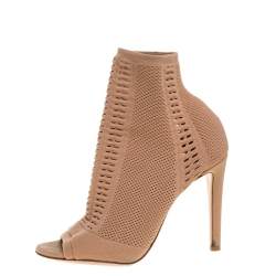 Pre Owned Gianvito Rossi Beige Stretch Knit Fabric Perforated Boots Size 37.5