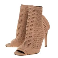 Pre Owned Gianvito Rossi Beige Stretch Knit Fabric Perforated Boots Size 37.5