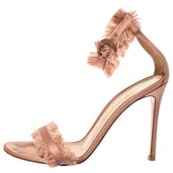 Pre Owned Gianvito Rossi Blush Pink Satin Fringe Trim Caribe Ankle Strap Sandals Size 39