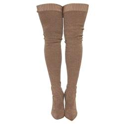 Pre Owned Gianvito Rossi Beige Knit Fabric Fiona Over The Knee Boots Size 37