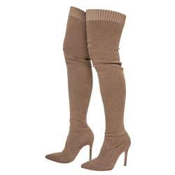 Pre Owned Gianvito Rossi Beige Knit Fabric Fiona Over The Knee Boots Size 37