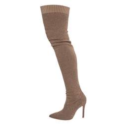 Pre Owned Gianvito Rossi Beige Knit Fabric Fiona Over The Knee Boots Size 37