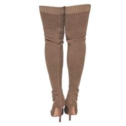 Pre Owned Gianvito Rossi Beige Knit Fabric Fiona Over The Knee Boots Size 37