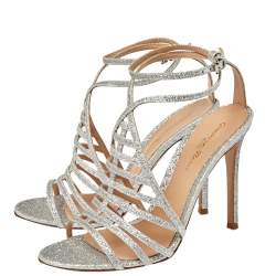 Pre Owned Gianvito Rossi Silver Glitter Vega Caged Open Toe Sandals Size 38