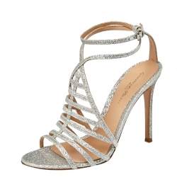 Pre Owned Gianvito Rossi Silver Glitter Vega Caged Open Toe Sandals Size 38