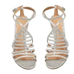 Pre Owned Gianvito Rossi Silver Glitter Vega Caged Open Toe Sandals Size 38