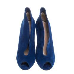 Pre Owned Gianvito Rossi Blue Suede Vamp Peep Toe Booties Size 36