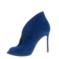 Pre Owned Gianvito Rossi Blue Suede Vamp Peep Toe Booties Size 36