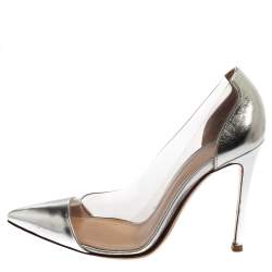 Pre Owned Gianvito Rossi Silver Leather And PVC Plexi Pointed Toe Pumps Size 35