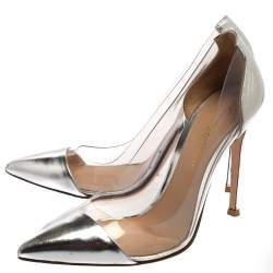 Pre Owned Gianvito Rossi Silver Leather And PVC Plexi Pointed Toe Pumps Size 35