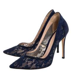Pre Owned Gianvito Rossi Blue Suede And Lace Pointed Toe Pumps Size 37