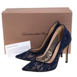 Pre Owned Gianvito Rossi Blue Suede And Lace Pointed Toe Pumps Size 37