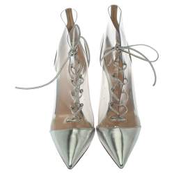 Pre Owned Gianvito Rossi Metallic Silver Leather and PVC Icon Ankle Boots Size 39.5