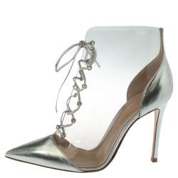 Pre Owned Gianvito Rossi Metallic Silver Leather and PVC Icon Ankle Boots Size 39.5