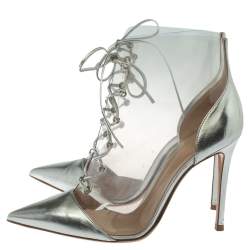 Pre Owned Gianvito Rossi Metallic Silver Leather and PVC Icon Ankle Boots Size 39.5