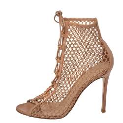 Pre Owned Gianvito Rossi Beige Mesh And Leather Helena Lace Up Crochet Booties Size 39