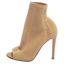 Pre Owned Gianvito Rossi Beige Knit Fabric Vires Peep Toe Ankle Boots Size 38.5
