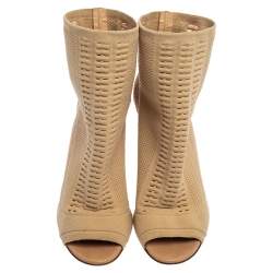 Pre Owned Gianvito Rossi Beige Knit Fabric Vires Peep Toe Ankle Boots Size 38.5