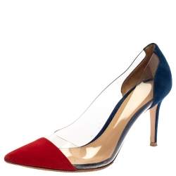 Pre Owned Gianvito Rossi Red/Blue Suede Leather And PVC Plexi Pointed Toe Pumps Size 38.5