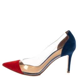 Pre Owned Gianvito Rossi Red/Blue Suede Leather And PVC Plexi Pointed Toe Pumps Size 38.5