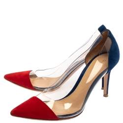 Pre Owned Gianvito Rossi Red/Blue Suede Leather And PVC Plexi Pointed Toe Pumps Size 38.5