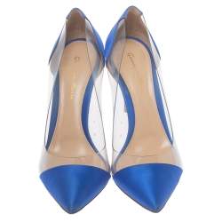 Pre Owned Gianvito Rossi Blue Satin And PVC Plexi Pointed Toe Pumps Size 38
