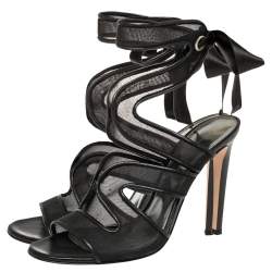 Pre Owned Gianvito Rossi Black Mesh And Leather Trim Ankle Wrap Sandals Size 38