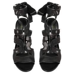 Pre Owned Gianvito Rossi Black Mesh And Leather Trim Ankle Wrap Sandals Size 38