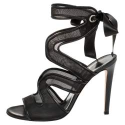 Pre Owned Gianvito Rossi Black Mesh And Leather Trim Ankle Wrap Sandals Size 38